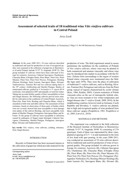 Assessment of Selected Traits of 18 Traditional Wine Vitis Vinifera Cultivars in Central Poland