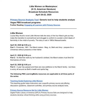 Little Women on Masterpiece: (9-12, American Literature) Broadcast Schedule Resources April 20-22, 2020 Primary Source Analysis