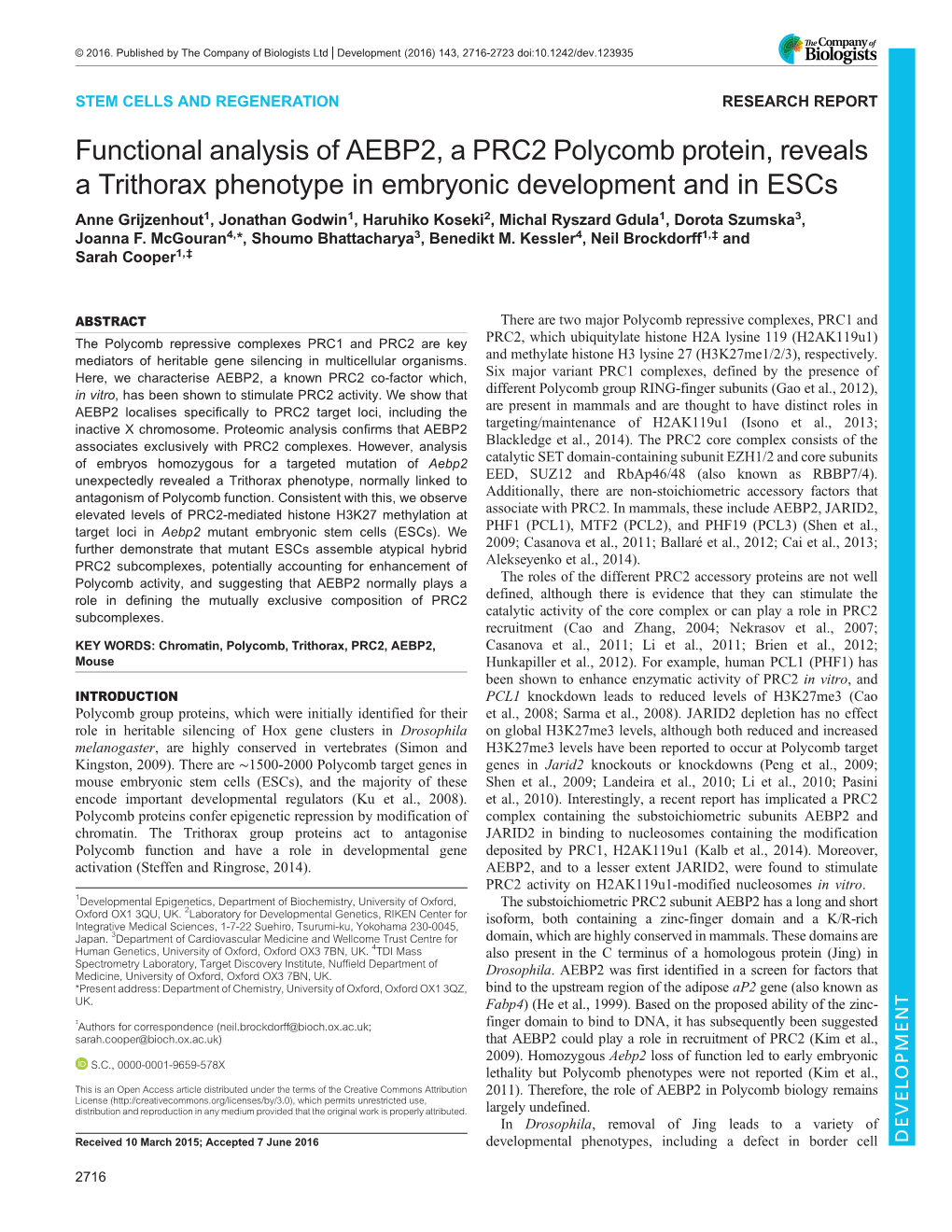 Functional Analysis of AEBP2, a PRC2 Polycomb Protein, Reveals A