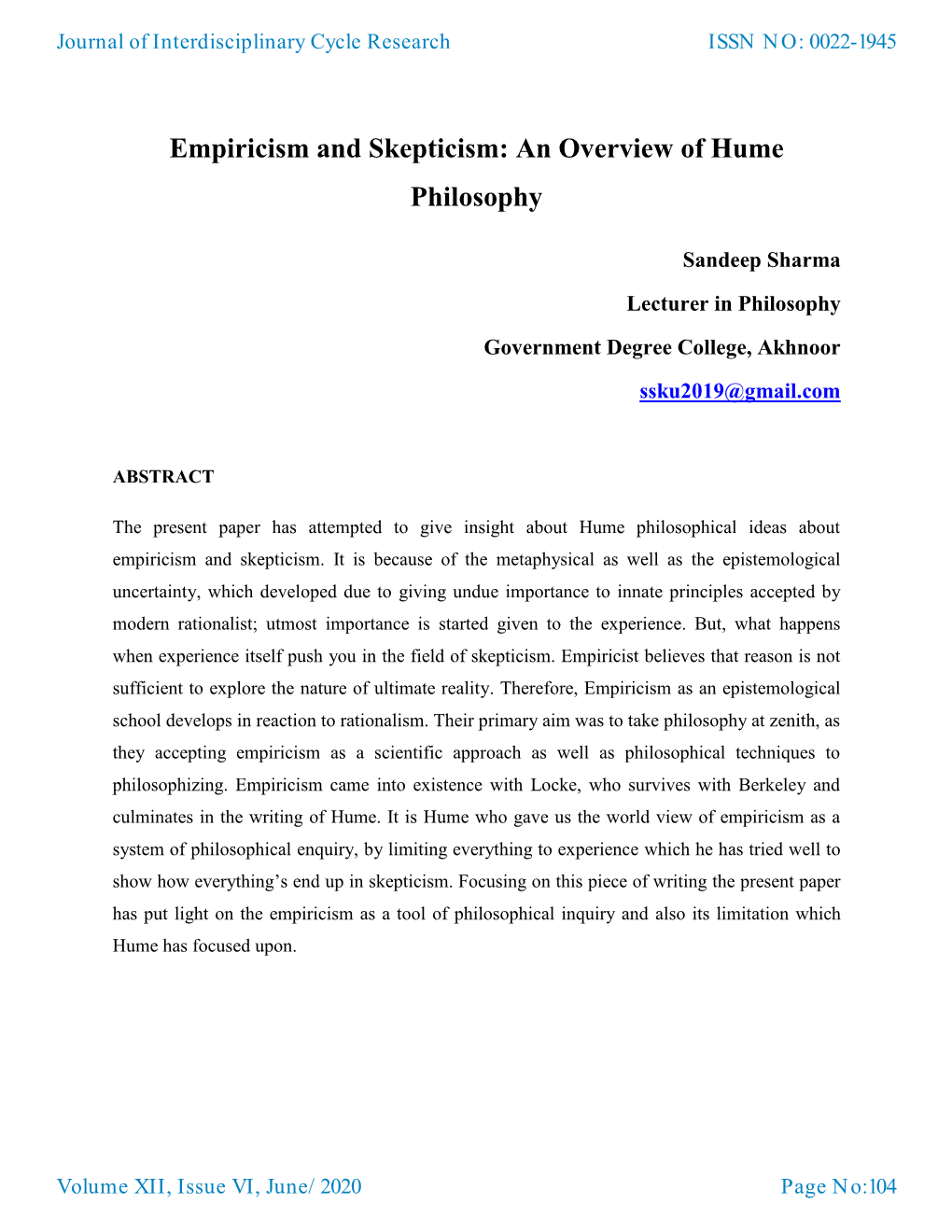 Empiricism and Skepticism: an Overview of Hume Philosophy