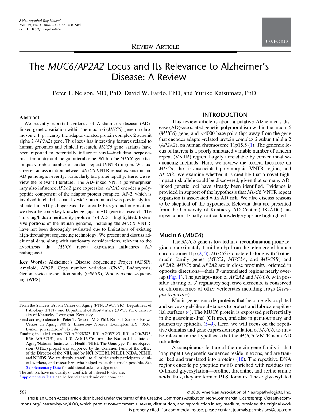 The MUC6/AP2A2 Locus and Its Relevance to Alzheimer’S Disease: a Review