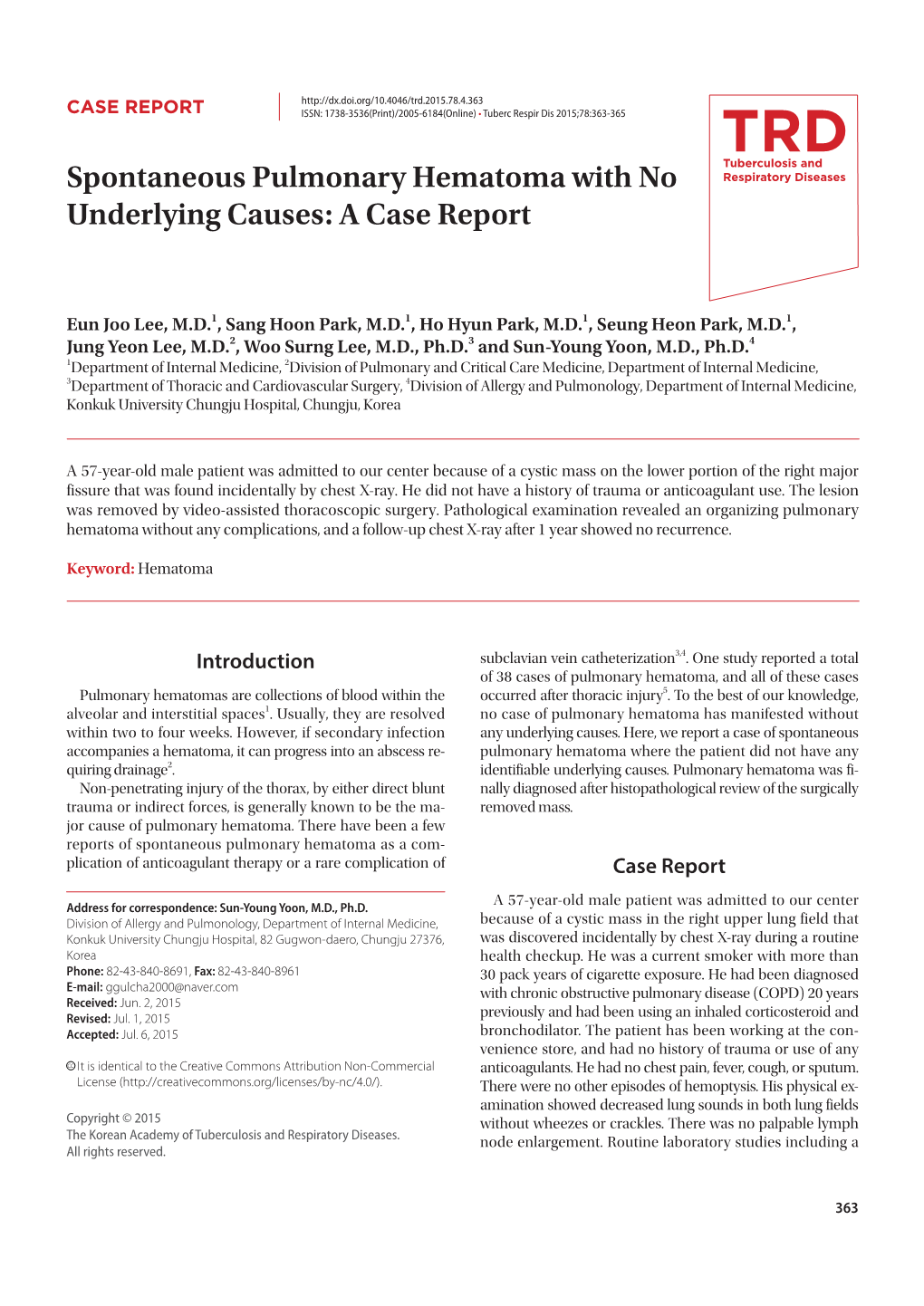 Spontaneous Pulmonary Hematoma with No Underlying Causes: a Case Report