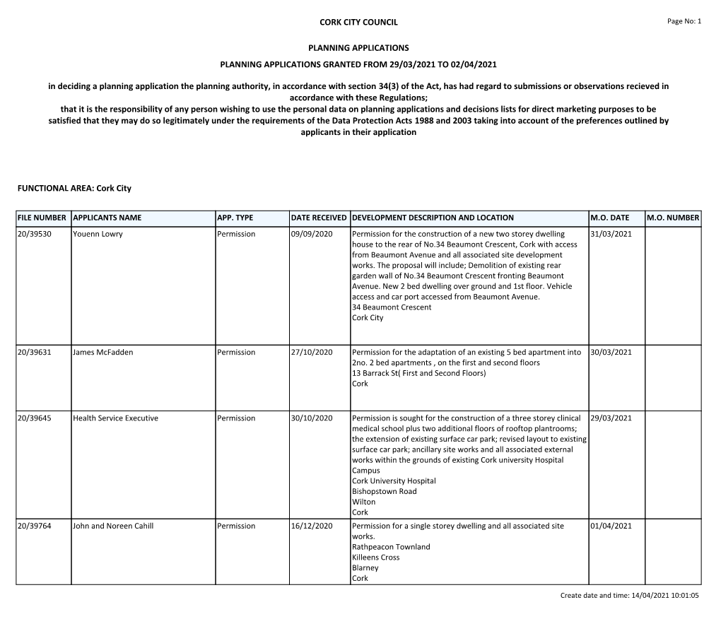 Cork City PLANNING APPLICATIONS GRANTED from 29/03/2021 TO