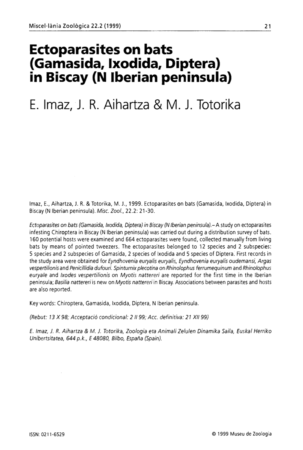 Ectoparasites on Bats (Gamasida, Ixodida, Diptera) in Biscay (N Lberian Peninsula)