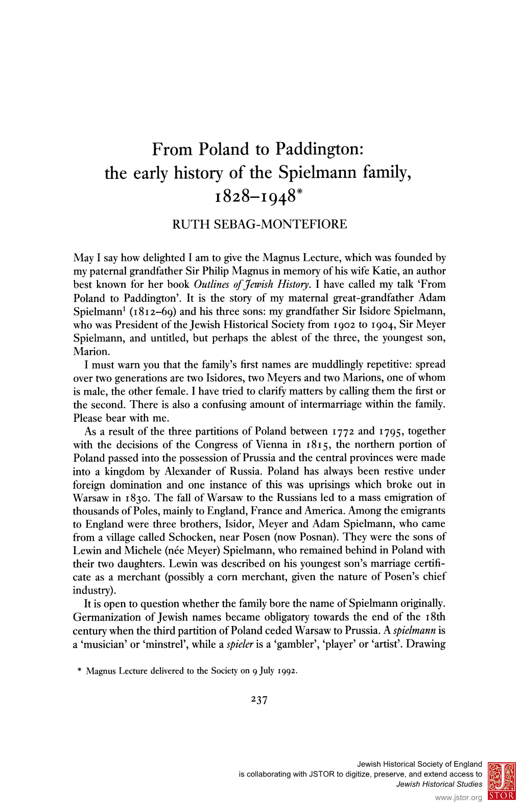 The Early History of the Spielmann Family, 1828—1948