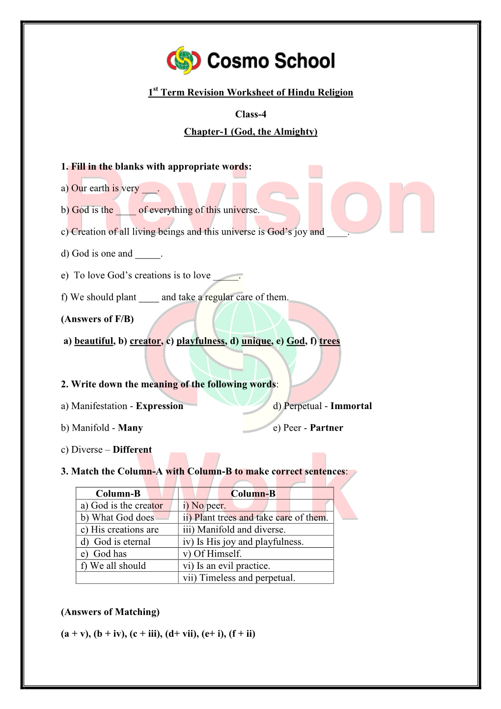 1 Term Revision Worksheet of Hindu Religion Class-4