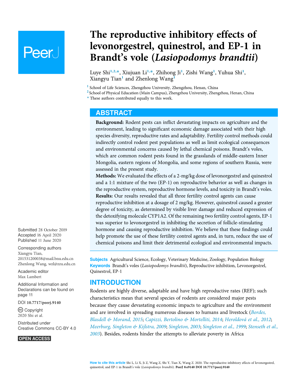 The Reproductive Inhibitory Effects of Levonorgestrel, Quinestrol, and EP-1 in Brandt's Vole