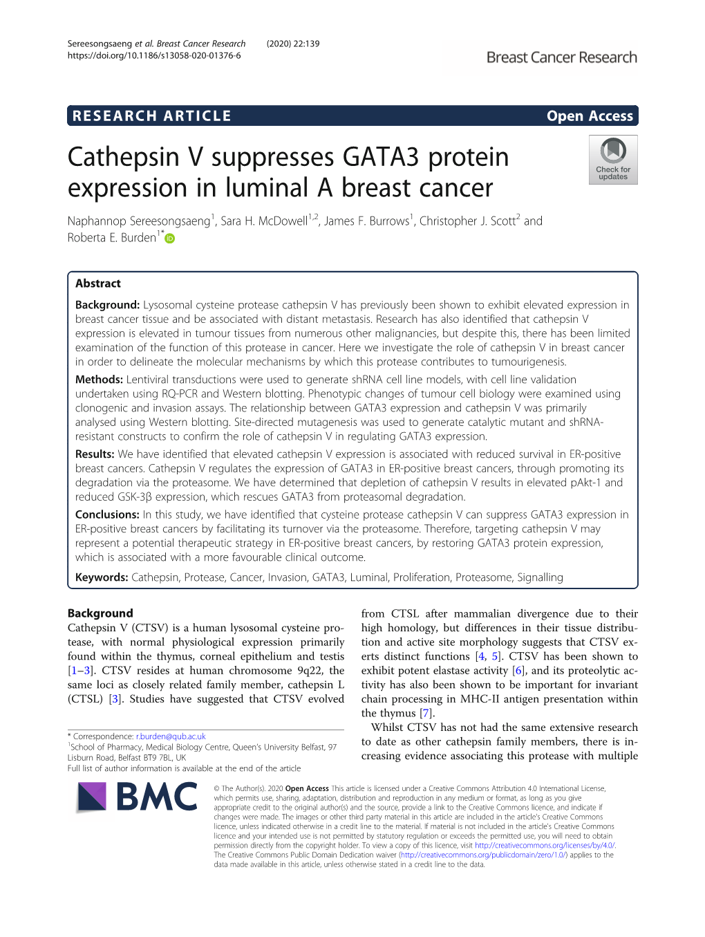 Cathepsin V Suppresses GATA3 Protein Expression in Luminal a Breast Cancer Naphannop Sereesongsaeng1, Sara H