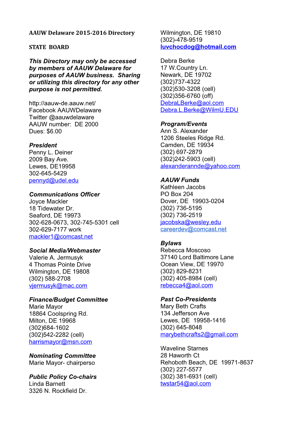 AAUW Delaware 2015-2016 Directory