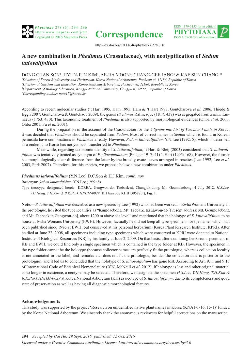 A New Combination in Phedimus (Crassulaceae), with Neotypification of Sedum Latiovalifolium