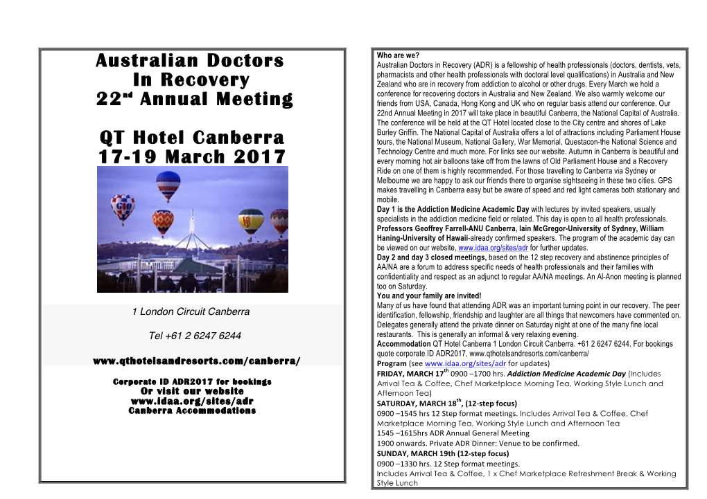 Australian Doctors in Recovery 22Nd Annual Meeting QT Hotel Canberra