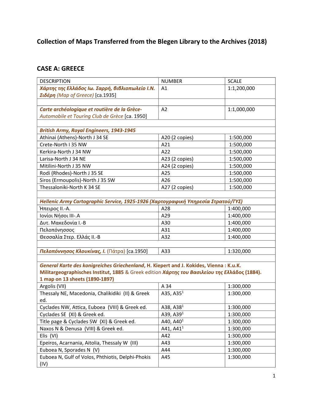 Collection of Maps Transferred from the Blegen Library to the Archives (2018) CASE A: GREECE