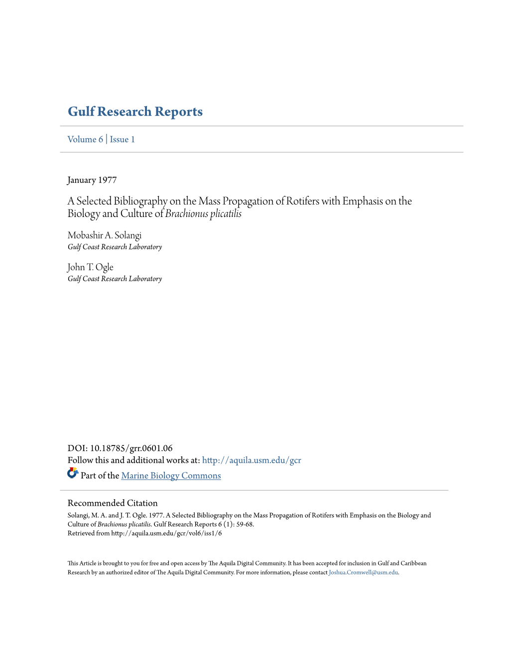 A Selected Bibliography on the Mass Propagation of Rotifers with Emphasis on the Biology and Culture of Brachionus Plicatilis Mobashir A