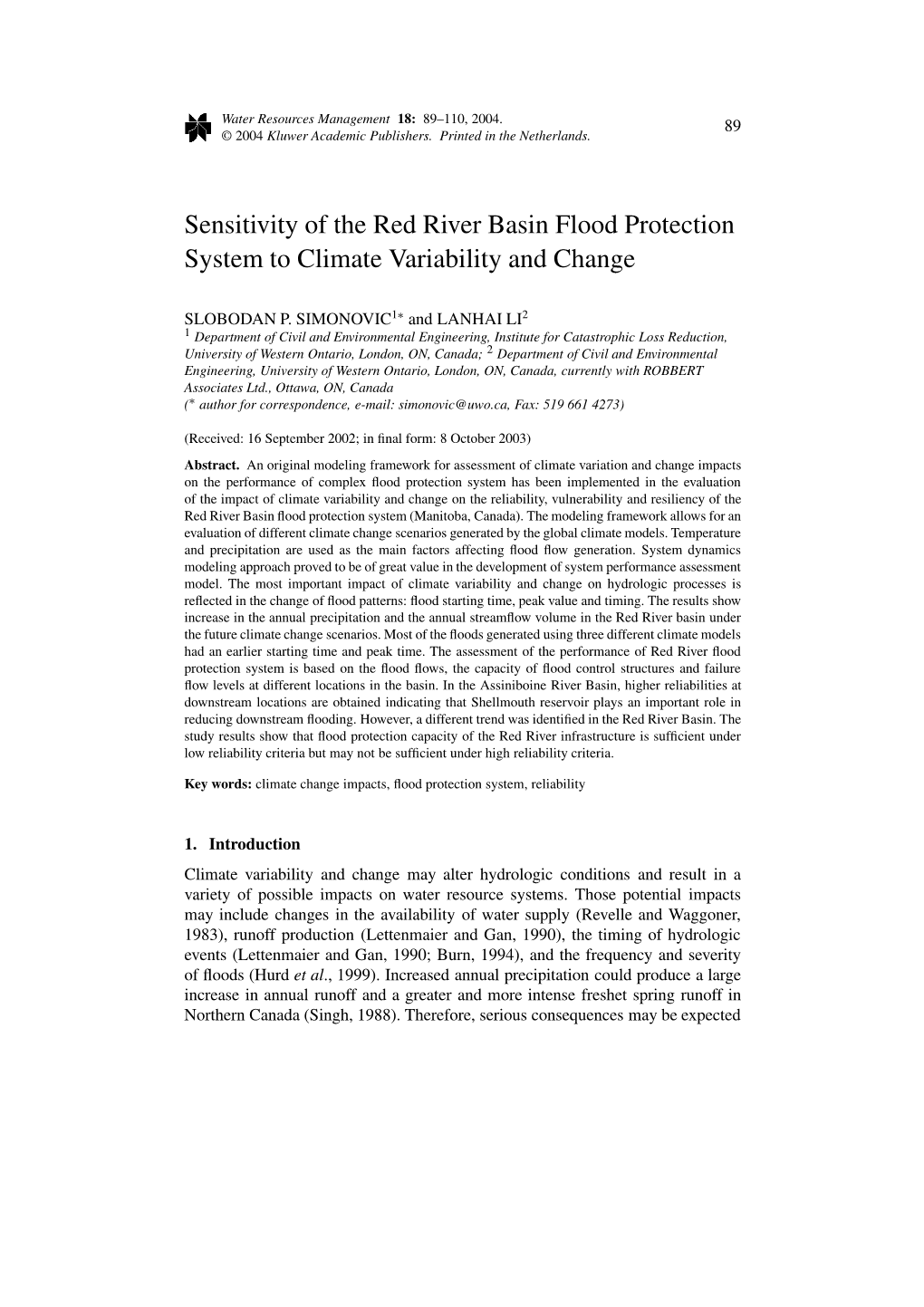 Sensitivity of the Red River Basin Flood Protection System to Climate Variability and Change