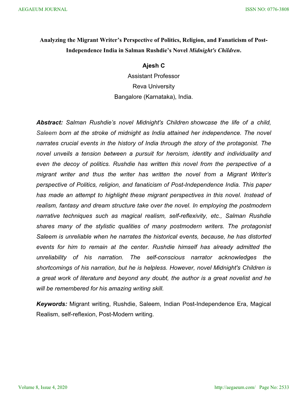 Analyzing the Migrant Writer's Perspective of Politics, Religion, and Fanaticism of Post
