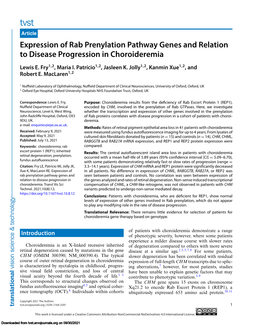 Expression of Rab Prenylation Pathway Genes and Relation to Disease Progression in Choroideremia