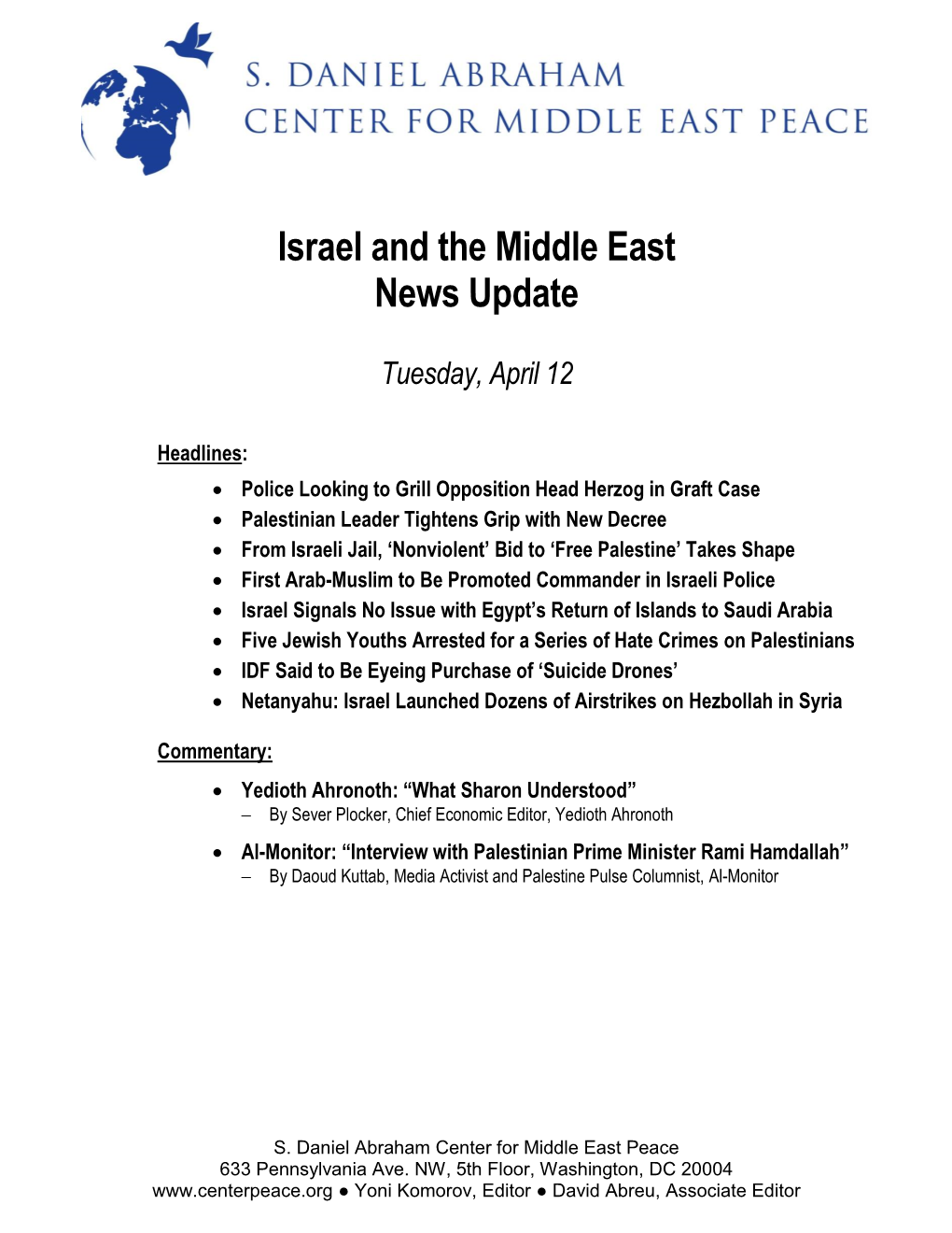 Israel and the Middle East News Update