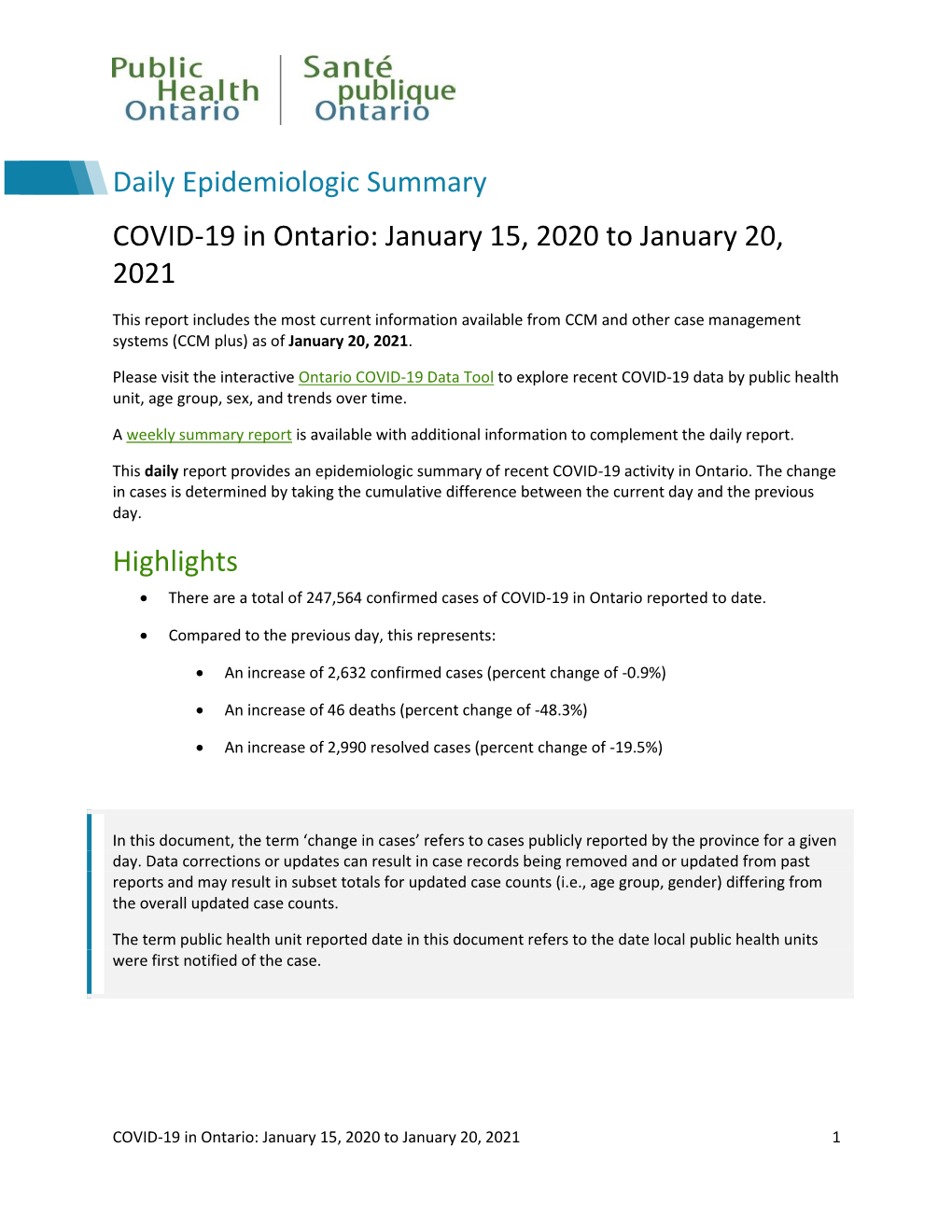 COVID-19 in Ontario: January 15, 2020 to January 20, 2021