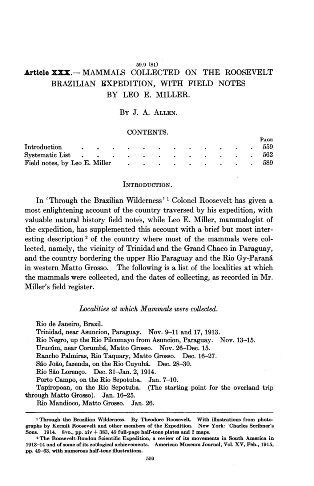 Article XXX.-MAMMALS COLLECTED on the ROOSEVELT BRAZILIAN