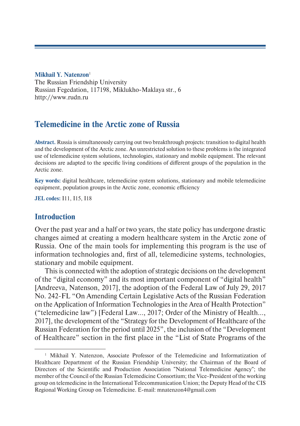 Telemedicine in the Arctic Zone of Russia