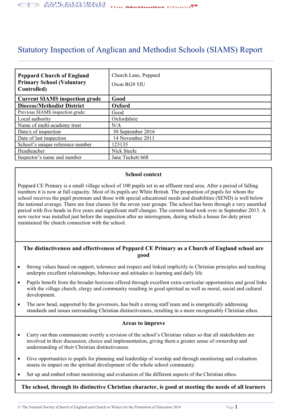 Statutory Inspection of Anglican and Methodist Schools (SIAMS) Report