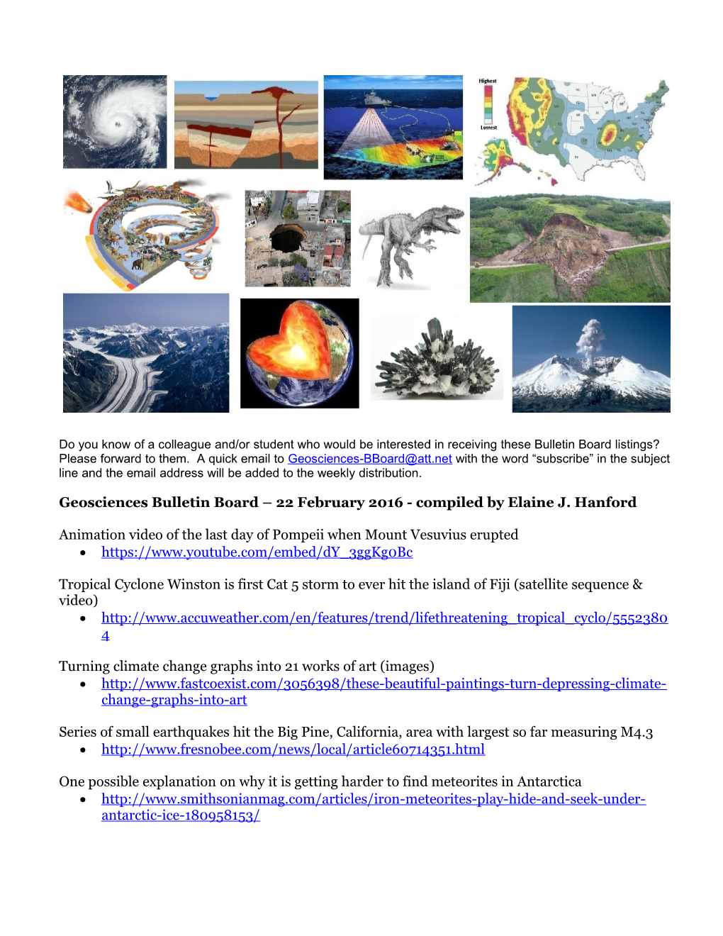 Geosciences Bulletin Board 22 February 2016 - Compiled by Elaine J. Hanford