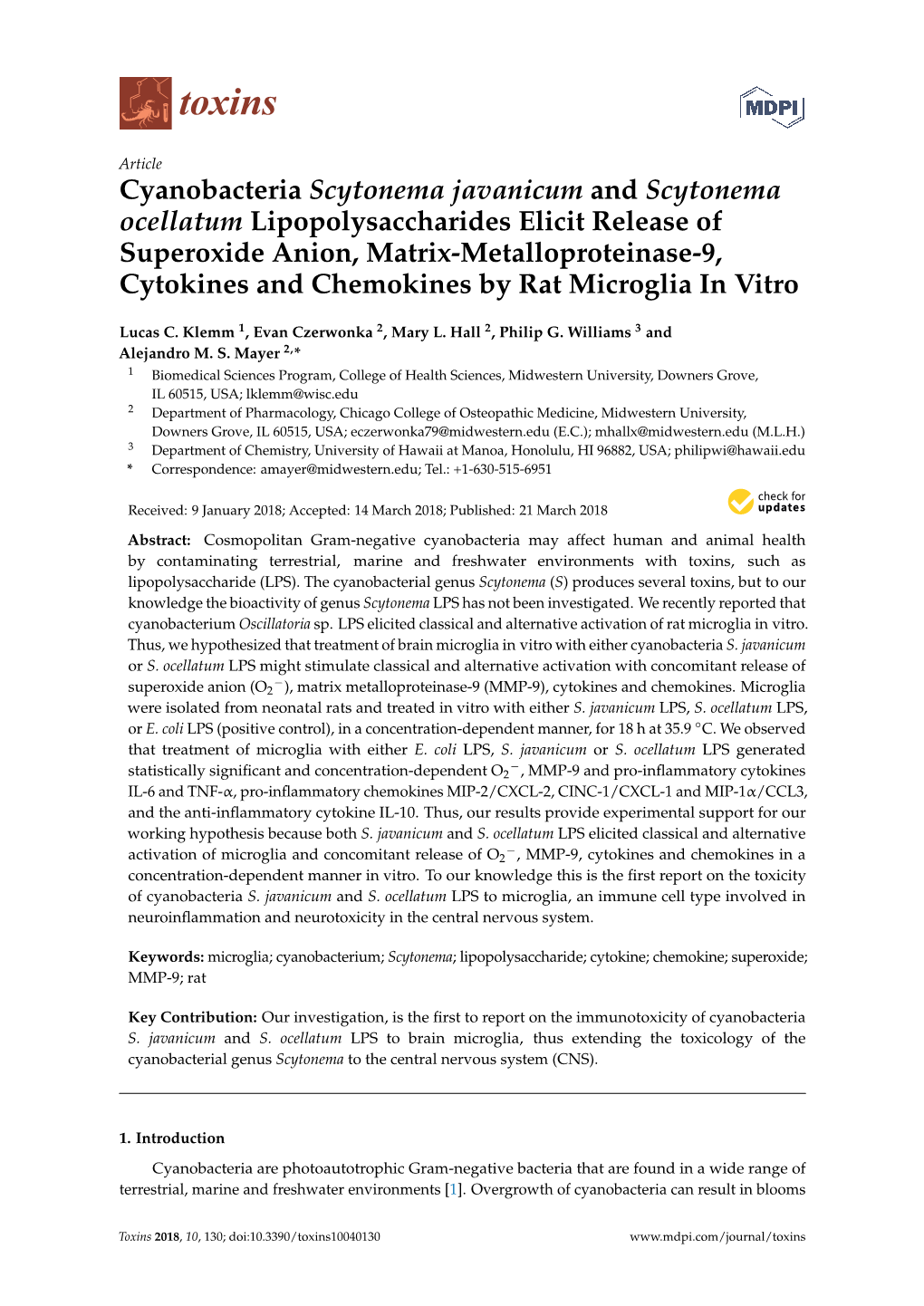 Cyanobacteria Scytonema Javanicum and Scytonema Ocellatum Lipopolysaccharides Elicit Release of Superoxide Anion, Matrix-Metalloproteinase-9, Cytokines and Chemokines by Rat