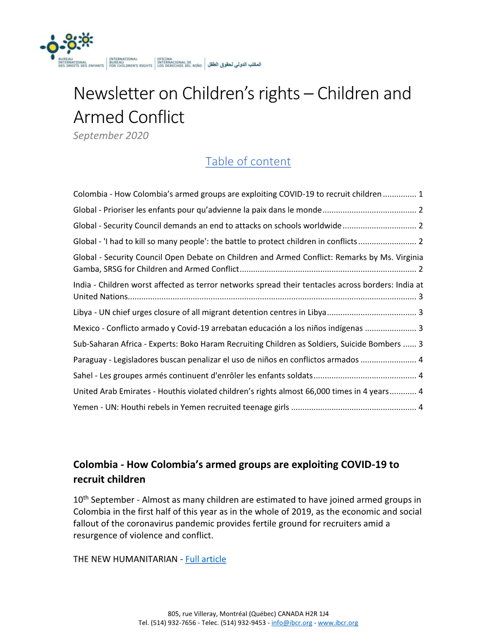 Children and Armed Conflict September 2020