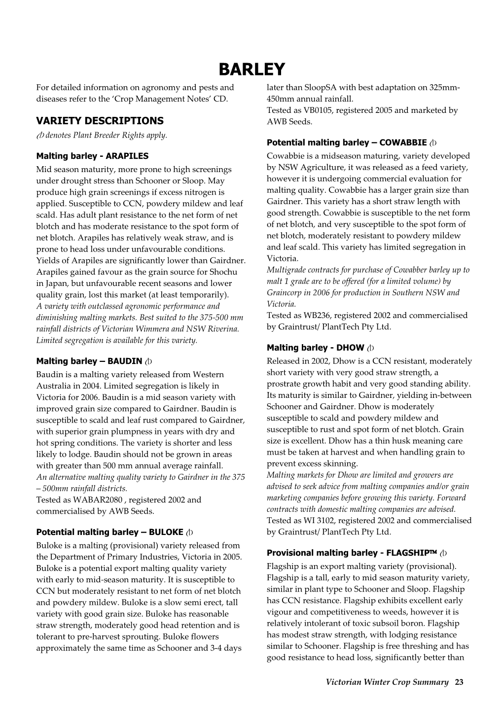 Victorian Winter Crop Summary 23 Barley