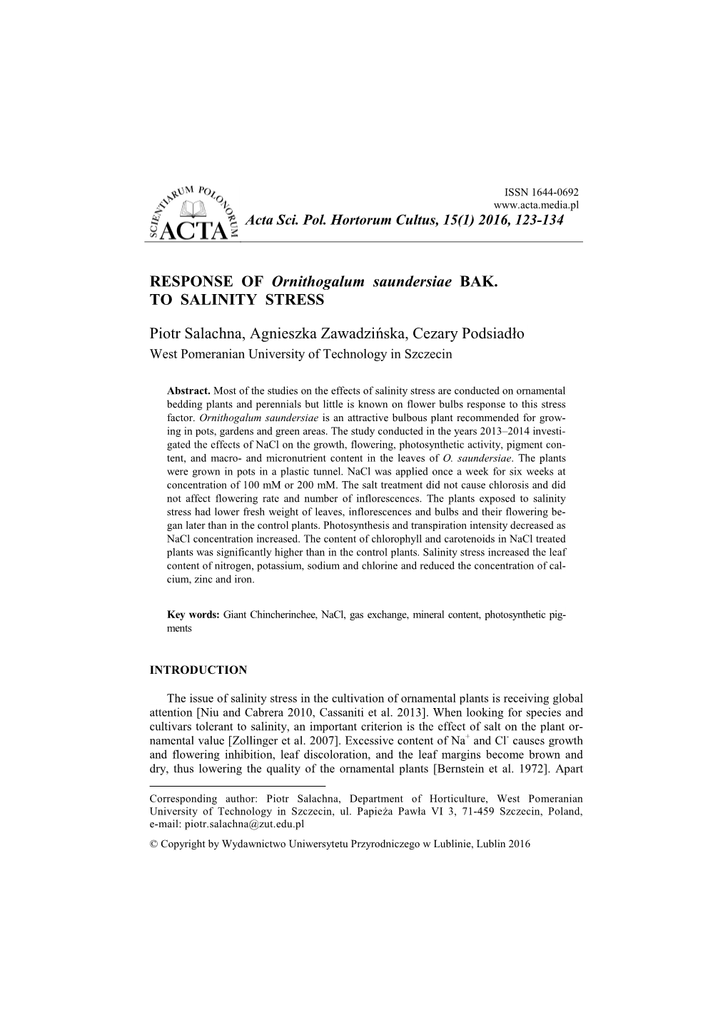 11 Emes RESPONSE of Ornithogalum Saundersiae Bak. TO