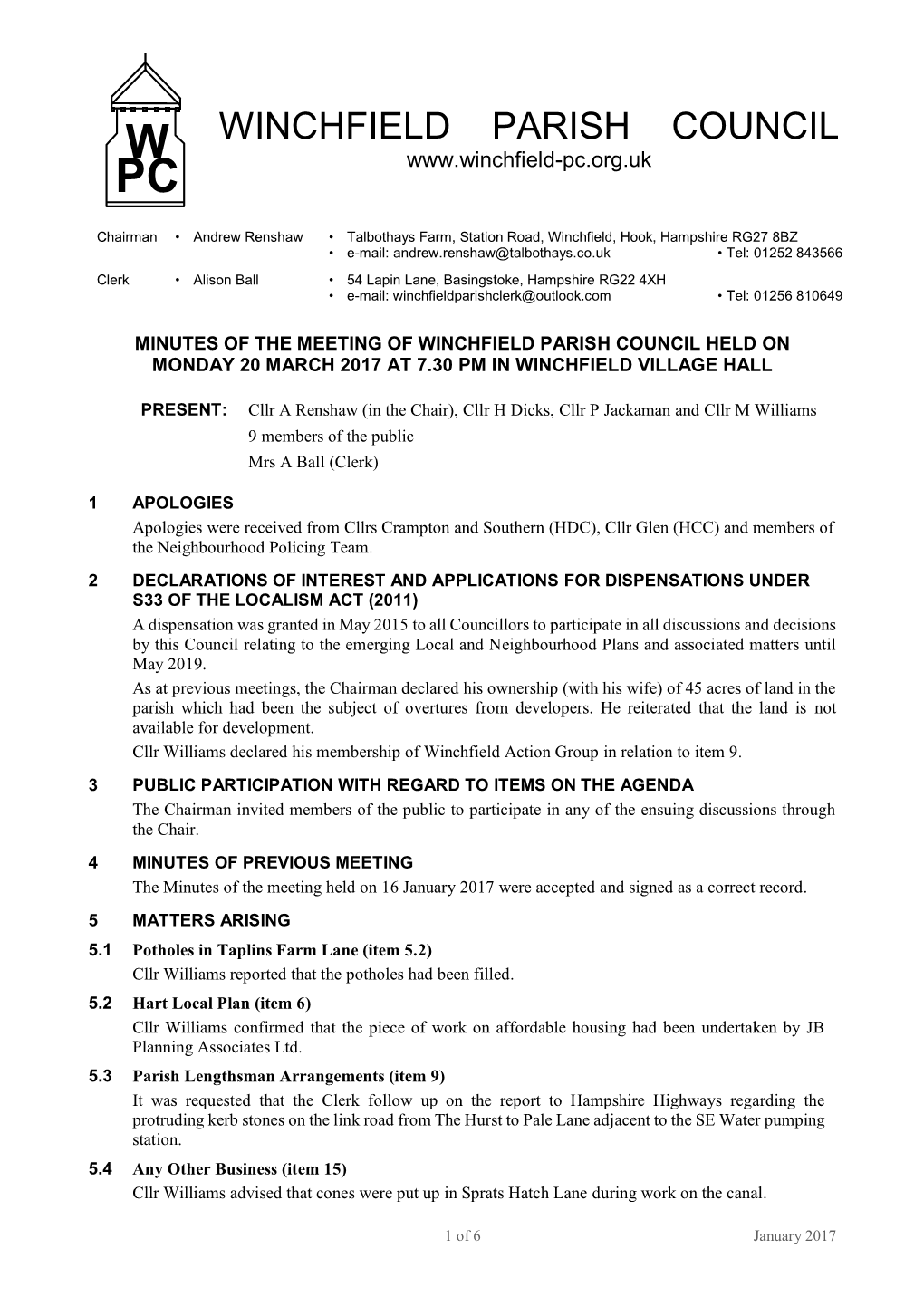 Winchfield Parish Council Meeting Minutes