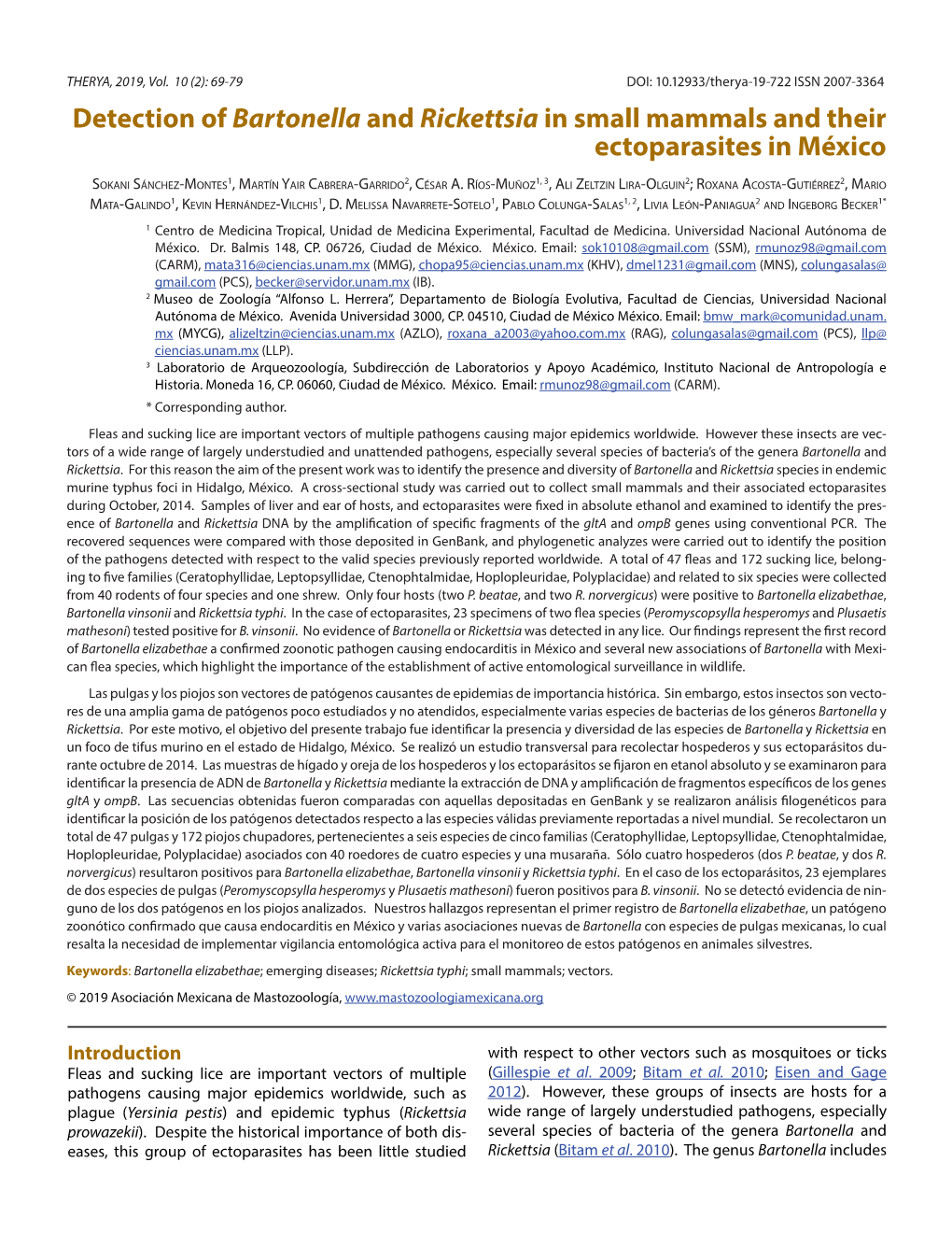 Detection of Bartonella and Rickettsia in Small Mammals and Their Ectoparasites in México