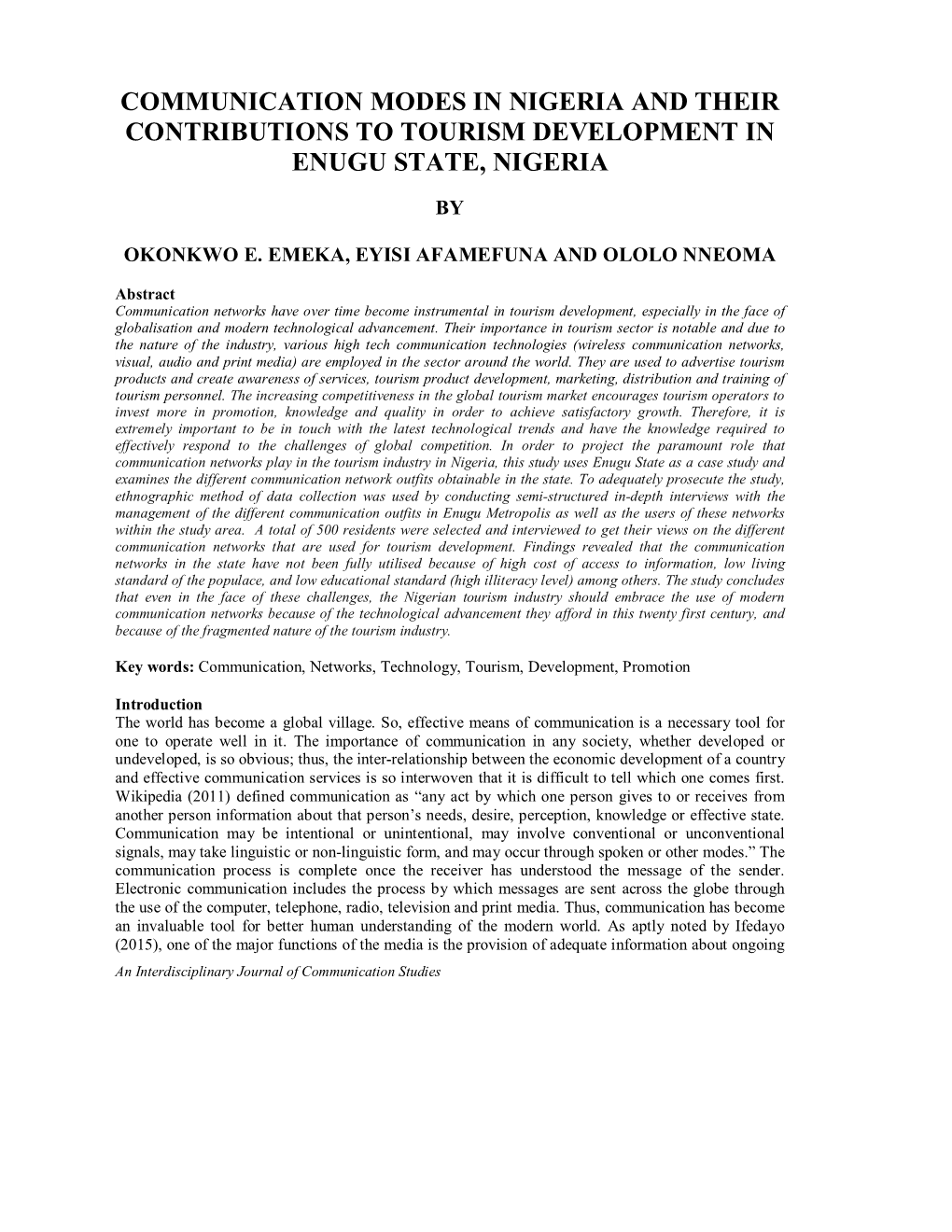 Communication Modes in Nigeria and Their Contributions to Tourism Development in Enugu State, Nigeria