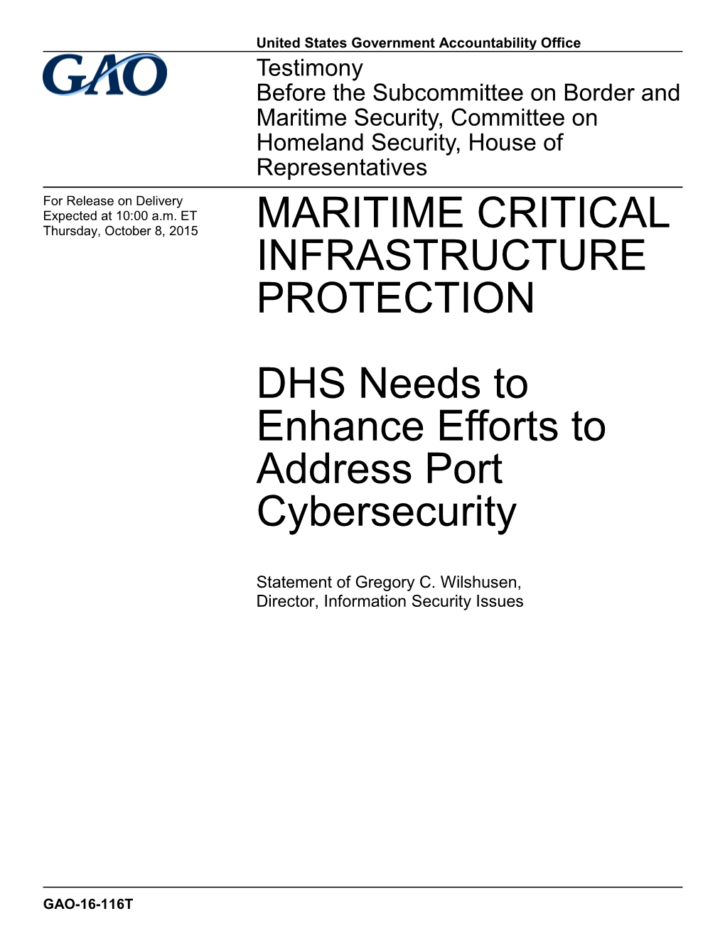 Maritime Critical Infrastructure Protection: DHS Needs to Enhance