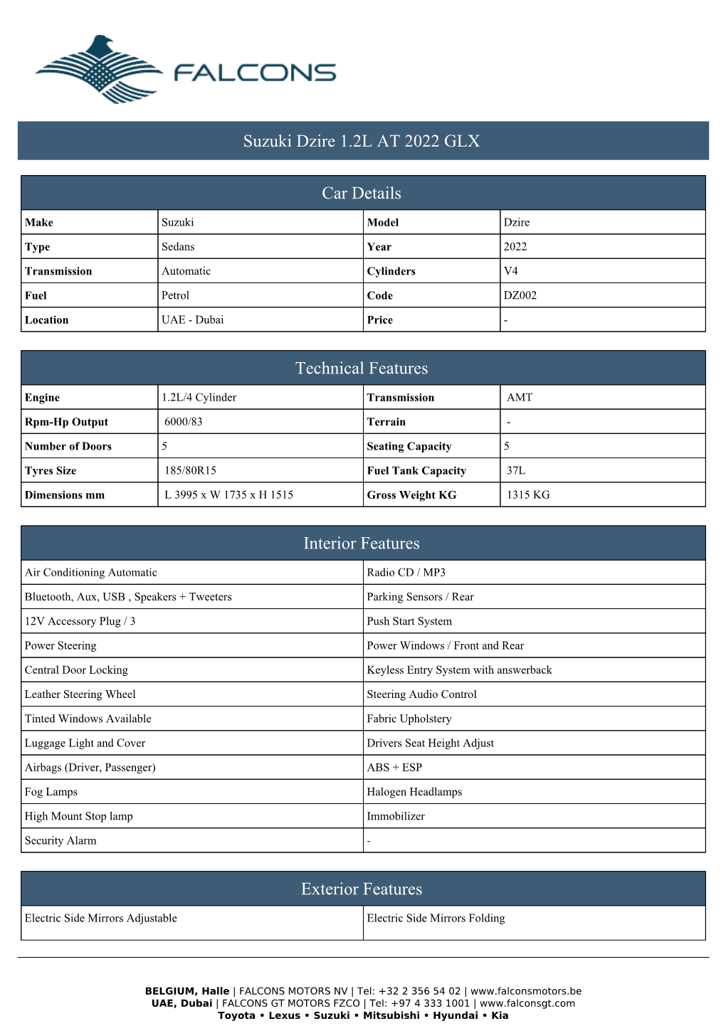 Suzuki Dzire 1.2L at 2021 GLX Car Details Technical Features Interior