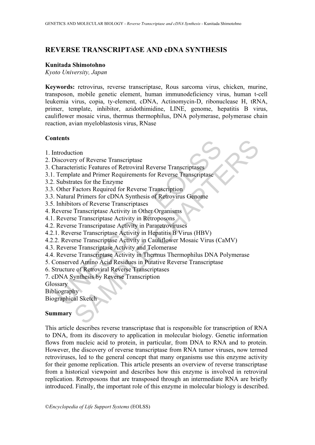 Reverse Transcriptase and Cdna Synthesis - Kunitada Shimotohno