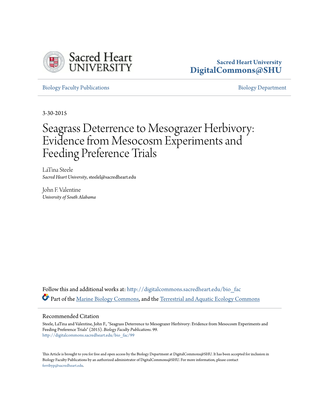 Seagrass Deterrence to Mesograzer Herbivory