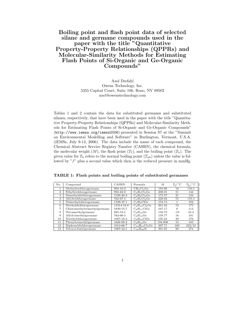 Boiling Point and Flash Point Data of Selected Silane and Germane