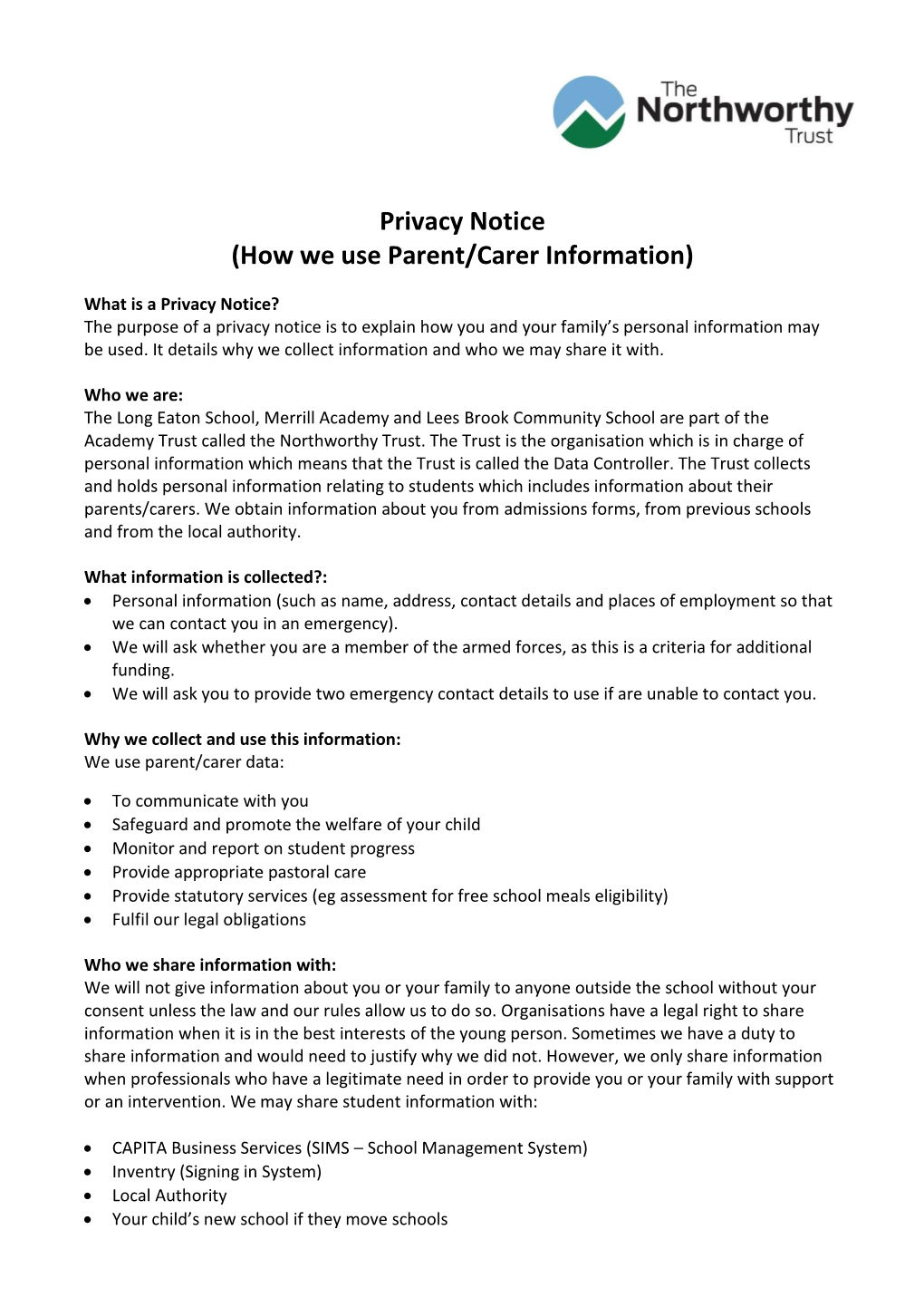 Privacy Notice for Parents/Carers