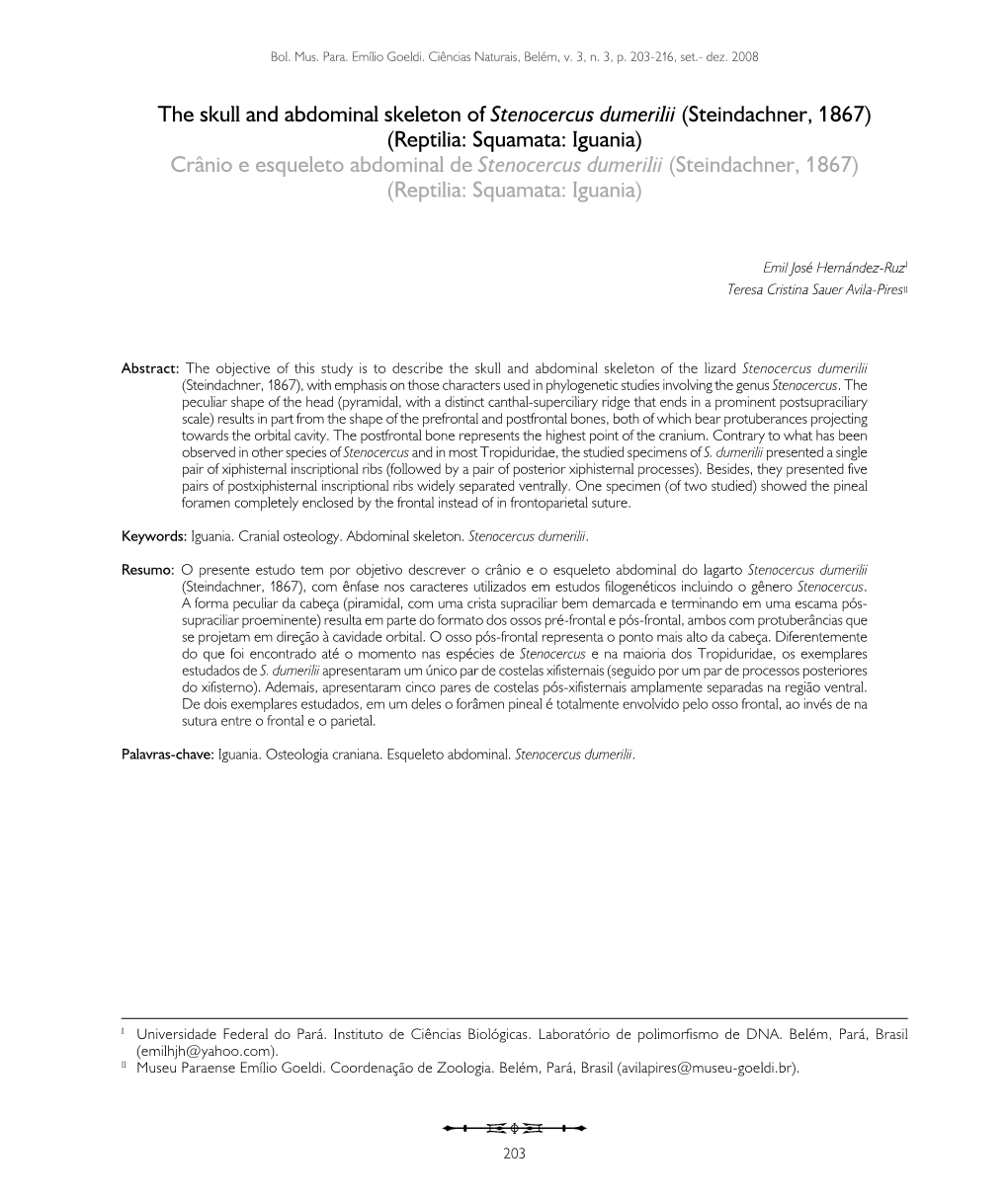 The Skull and Abdominal Skeleton of Stenocercus Dumerilii