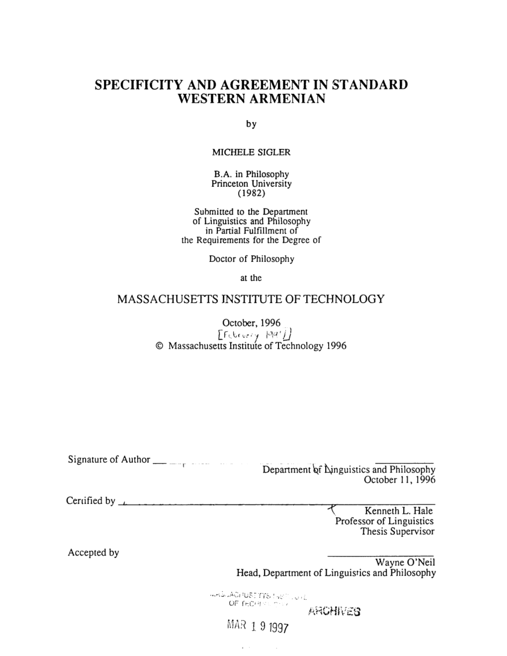 Specificity and Agreement in Standard Western Armenian