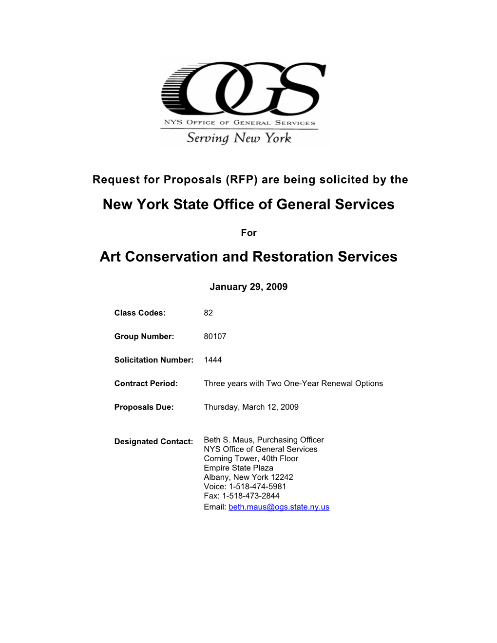 New York State Office of General Services Art Conservation and Restoration Services – Solicitation Number 1444