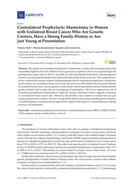 Contralateral Prophylactic Mastectomy in Women with Unilateral Breast Cancer Who Are Genetic Carriers, Have a Strong Family History Or Are Just Young at Presentation