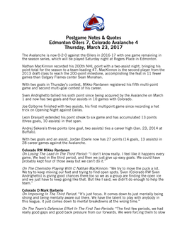 Postgame Notes & Quotes Edmonton Oilers 7, Colorado Avalanche