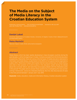 The Media on the Subject of Media Literacy in the Croatian Education System