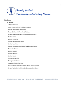 Ready to Eat Production Catering Menu