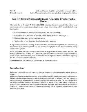Lab 1: Classical Cryptanalysis and Attacking Cryptographic Hashes