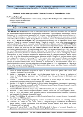 Citation: Wesam Sabbagh (2021), Parametric Design As an Approach for Enhancing Creativity in Women Fashion Design, International Design Journal, Vol