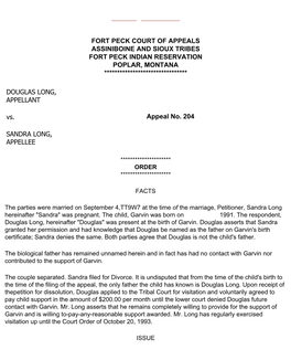 Fort Peck Court of Appeals Assiniboine and Sioux Tribes Fort Peck Indian Reservation Poplar, Montana ********************************