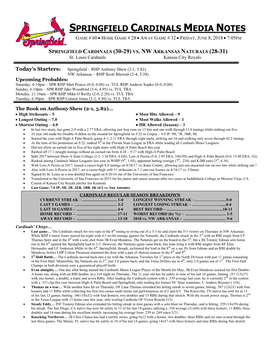 Springfield Cardinals Media Notes Game # 60  Home Game # 28  Away Game # 32  Friday, June 8, 2018  7:05Pm